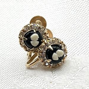 Vintage 50s Vargas Cameo Earrings w/ Clear Rhinestone Halo Screw Backs